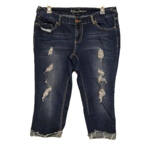 Aryia Cut-off Jean Low Rise Dark Wash Blue W 16  Distressed Whisker Rips Cuffs